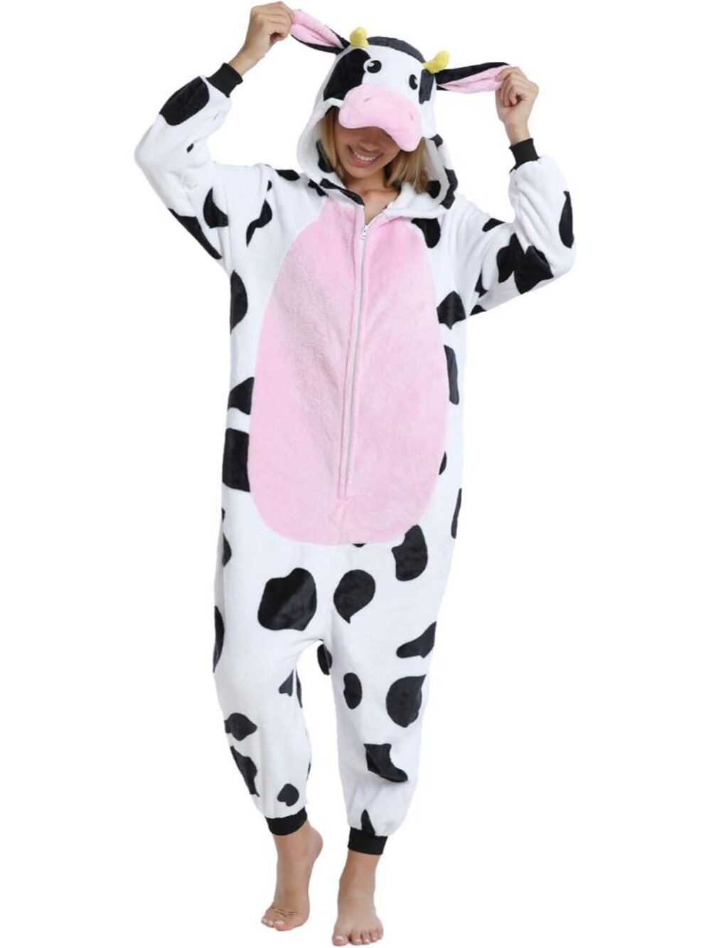 Women's Pink Cow Adult Onesie Pajamas Animal One Piece Costume Halloween Cosplay